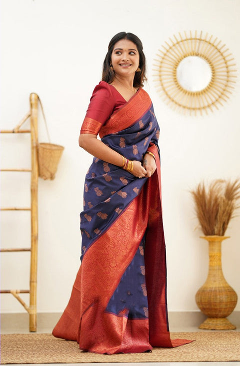Magnetic Navy Blue Soft Banarasi Silk Saree With Confounding Blouse Piece Shriji Main image
