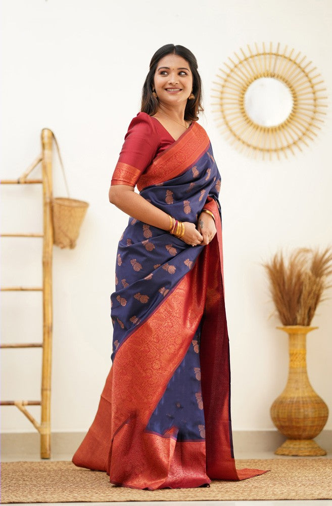 Magnetic Navy Blue Soft Banarasi Silk Saree With Confounding Blouse Piece Shriji