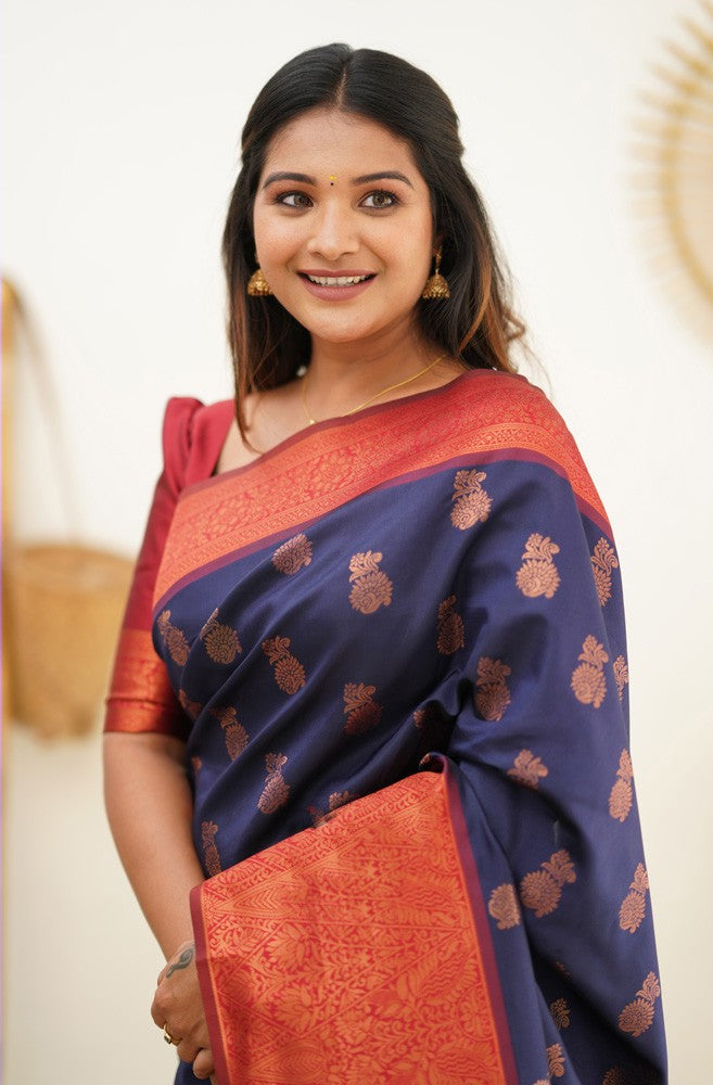Magnetic Navy Blue Soft Banarasi Silk Saree With Confounding Blouse Piece Shriji