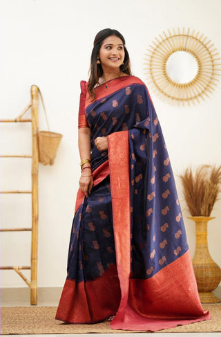 Magnetic Navy Blue Soft Banarasi Silk Saree With Confounding Blouse Piece Shriji