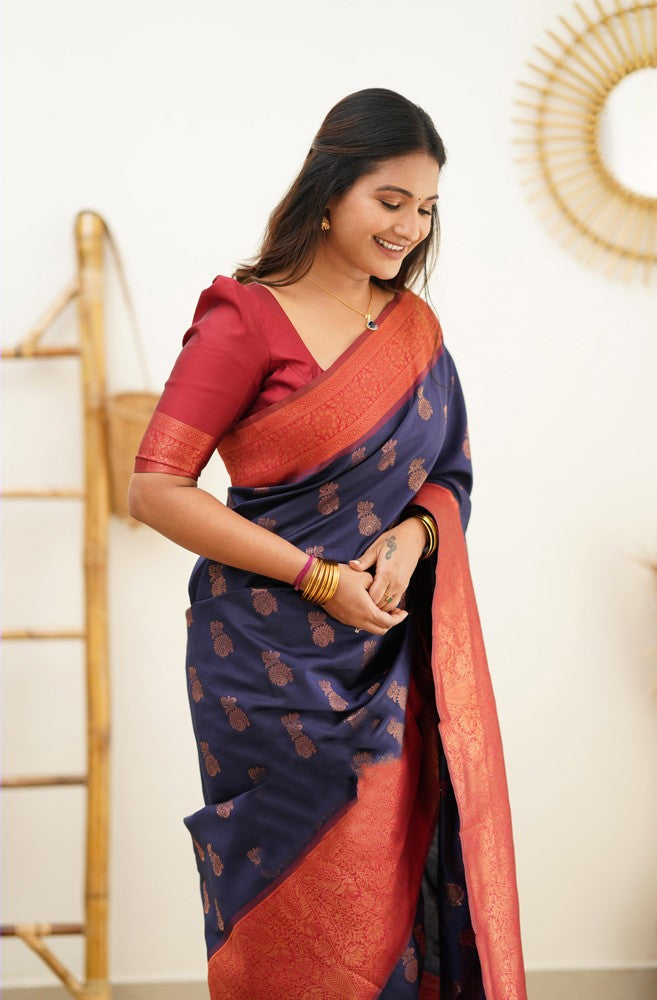 Magnetic Navy Blue Soft Banarasi Silk Saree With Confounding