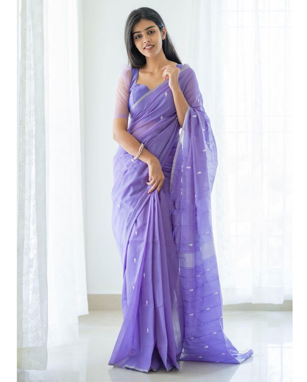 Excellent Lavendor Cotton Silk Saree With Woebegone Blouse Piece Shriji