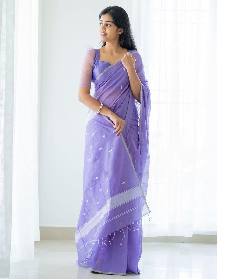 Excellent Lavendor Cotton Silk Saree With Woebegone Blouse Piece Shriji