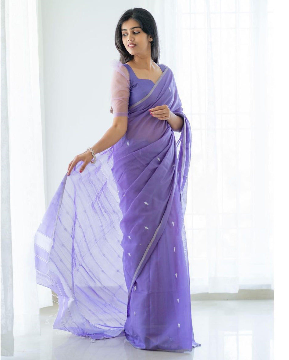 Excellent Lavendor Cotton Silk Saree With Woebegone Blouse Piece Shriji