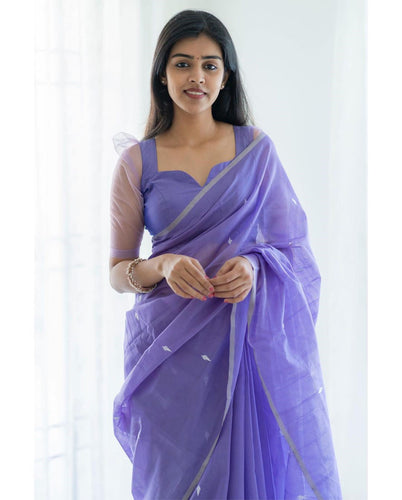 Excellent Lavendor Cotton Silk Saree With Woebegone Blouse Piece Shriji