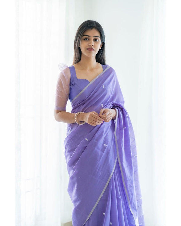 Excellent Lavendor Cotton Silk Saree With Woebegone Blouse Piece Shriji