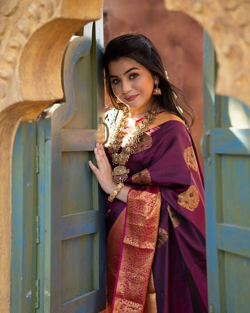 Incredible Wine Soft Banarasi Silk Saree With Adorable Blouse Piece Shriji