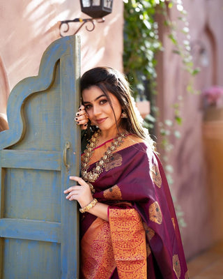 Incredible Wine Soft Banarasi Silk Saree With Adorable Blouse Piece Shriji