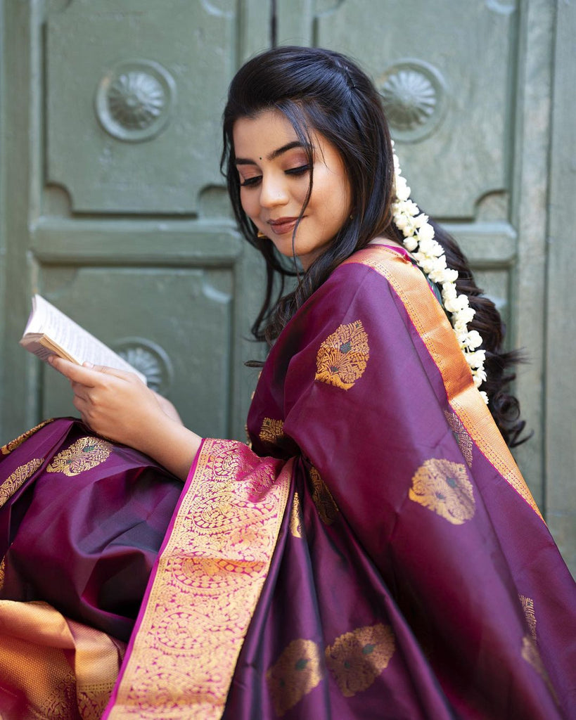 Incredible Wine Soft Banarasi Silk Saree With Adorable Blouse Piece Shriji