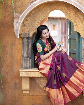 Incredible Wine Soft Banarasi Silk Saree With Adorable Blouse Piece Shriji