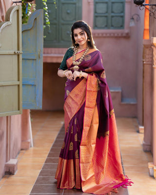 Incredible Wine Soft Banarasi Silk Saree With Adorable Blouse Piece Shriji