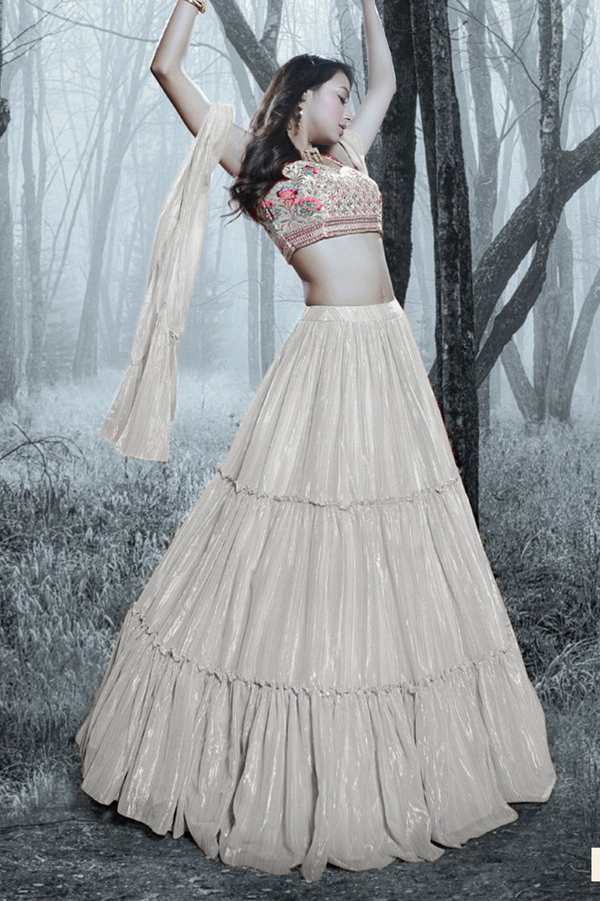 Silver Art Silk Ruffle Lehenga Choli For Indian Festivals & Weddings - Thread Embroidery Work, Handwork Work Clothsvilla Main image