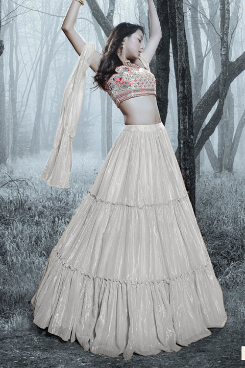 Silver Art Silk Ruffle Lehenga Choli For Indian Festivals & Weddings - Thread Embroidery Work, Handwork Work Clothsvilla Main image