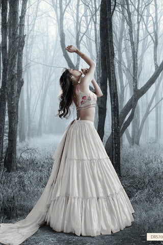 Silver Art Silk Ruffle Lehenga Choli For Indian Festivals & Weddings - Thread Embroidery Work, Handwork Work Clothsvilla