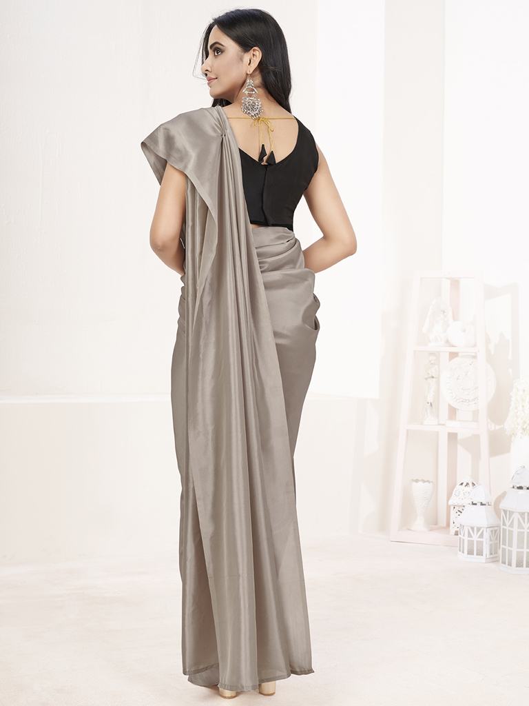 Silver Grey Ready to Wear One Minute Lycra Saree Secondary image