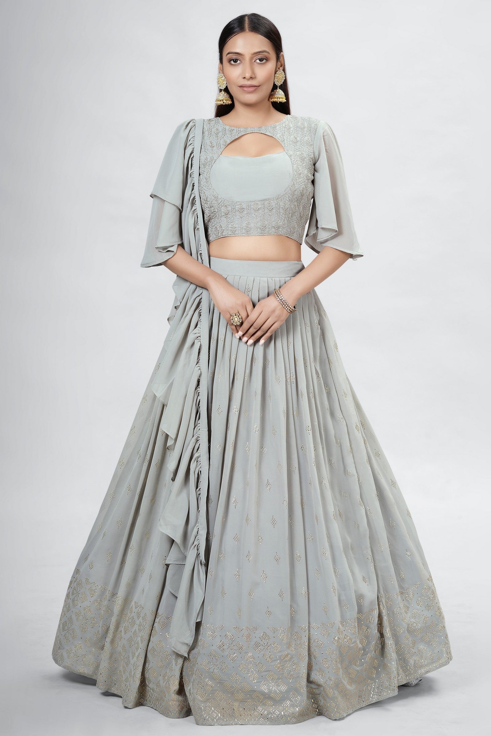 Silver Indian Georgette Lehenga Choli With Ruffle Dupatta For Indian Festival & Weddings - Sequence Embroidery Work, Mukaish Work Clothsvilla