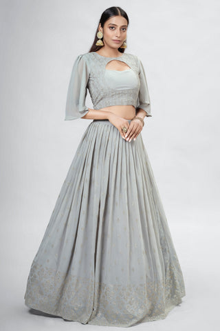 Silver Indian Georgette Lehenga Choli With Ruffle Dupatta For Indian Festival & Weddings - Sequence Embroidery Work, Mukaish Work Clothsvilla