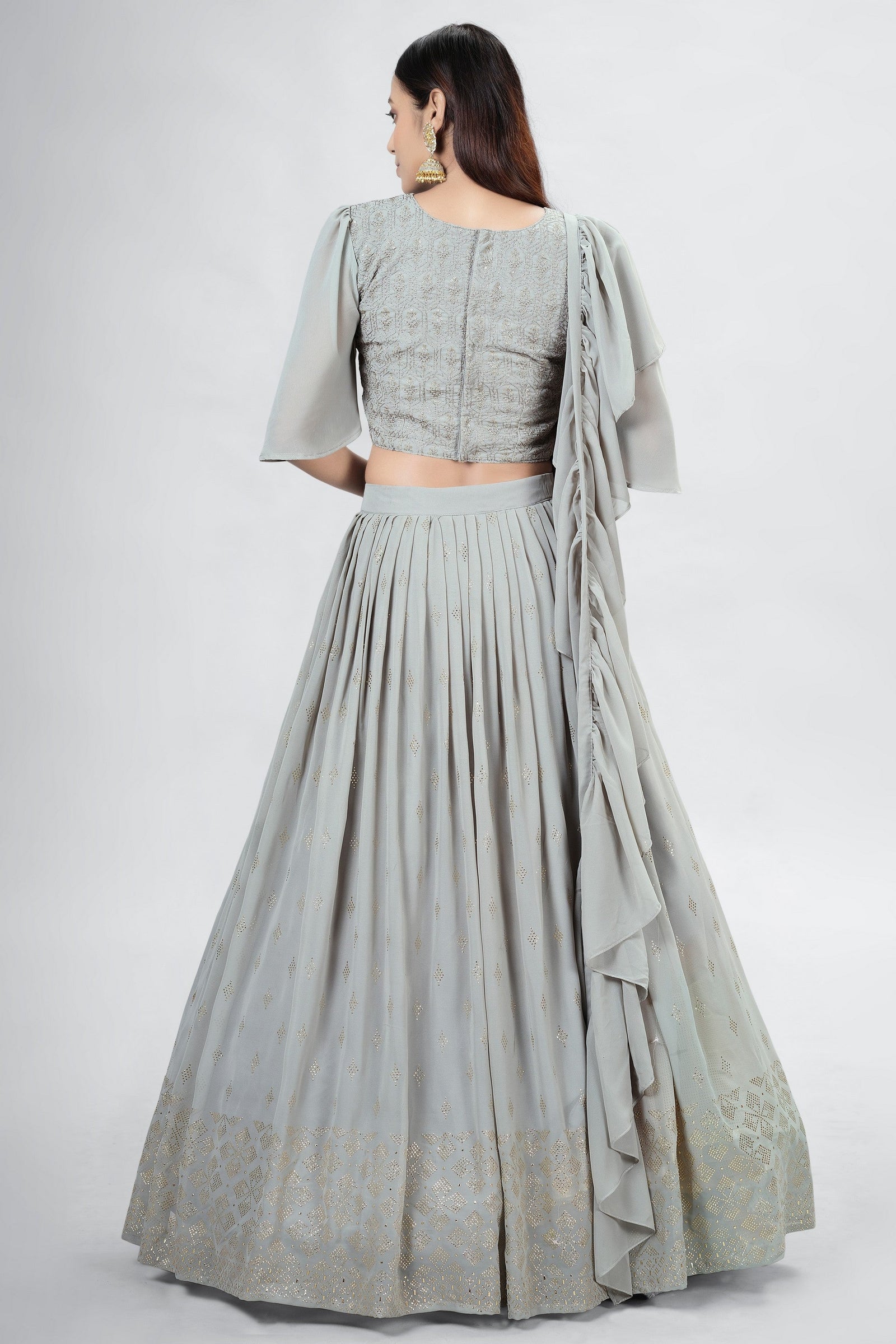 Silver Indian Georgette Lehenga Choli With Ruffle Dupatta For Indian Festival & Weddings - Sequence Embroidery Work, Mukaish Work Clothsvilla