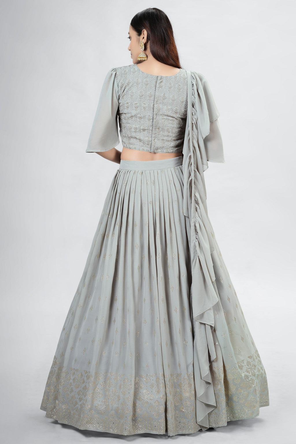 Silver Indian Georgette Lehenga Choli With Ruffle Dupatta For Indian Festival & Weddings - Sequence Embroidery Work, Mukaish Work Clothsvilla