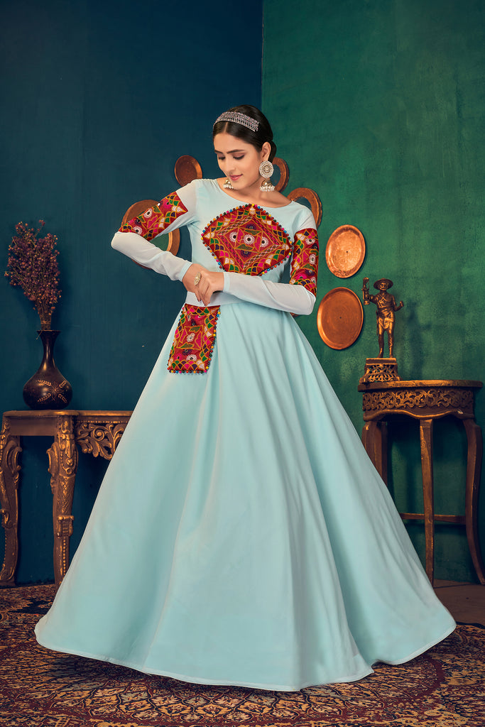 Sky-Blue Embroidered Georgette Evening Long Gown Semi Stitched ClothsVilla