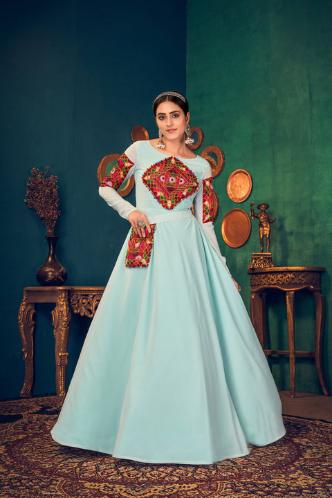 Sky-Blue Embroidered Georgette Evening Long Gown Semi Stitched ClothsVilla Main image