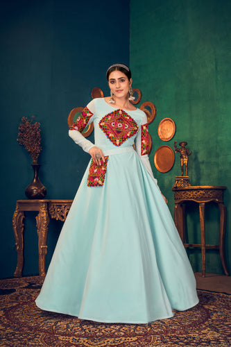 Sky-Blue Embroidered Georgette Evening Long Gown Semi Stitched ClothsVilla