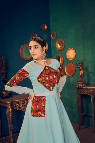 Sky-Blue Embroidered Georgette Evening Long Gown Semi Stitched ClothsVilla