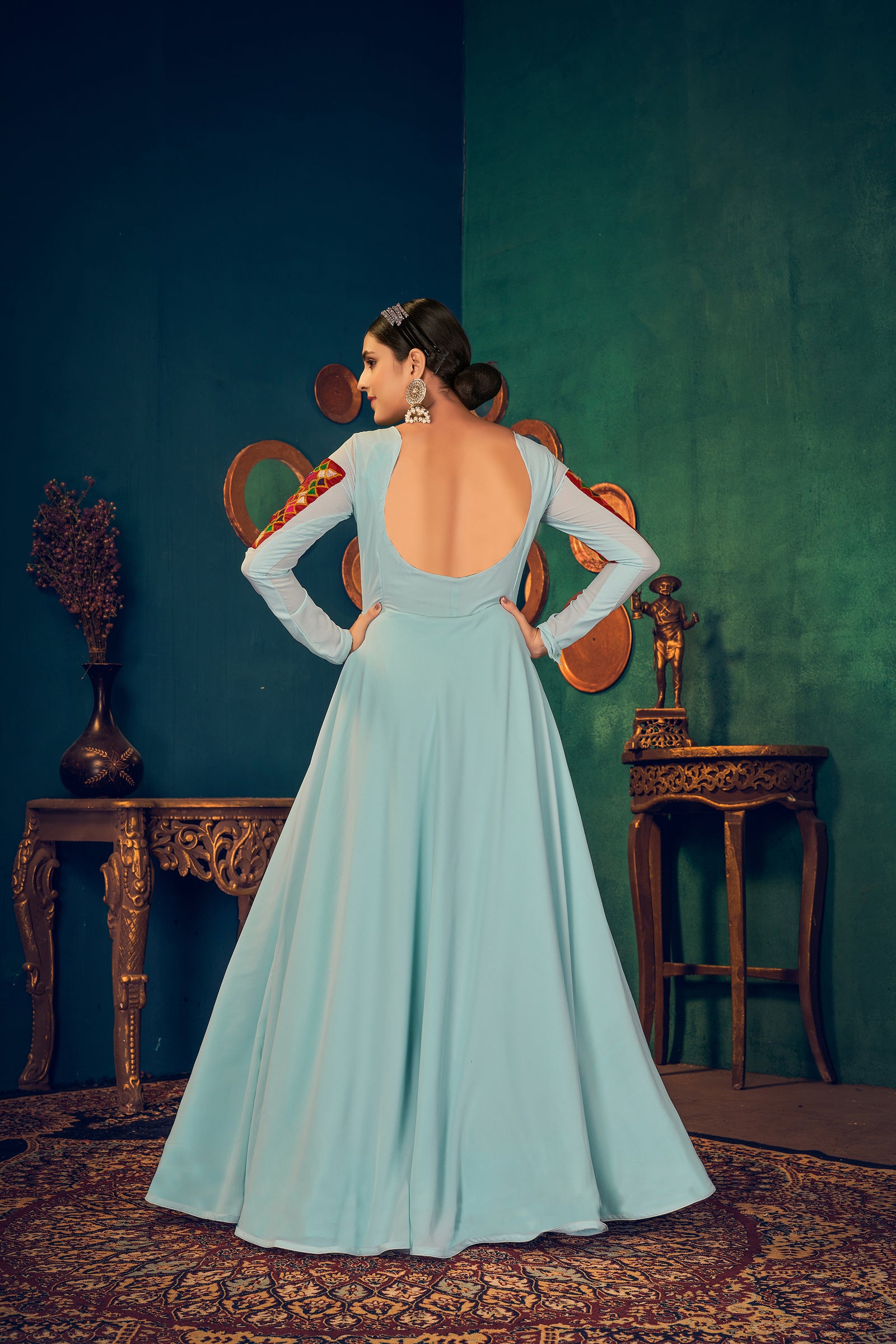 Sky-Blue Embroidered Georgette Evening Long Gown Semi Stitched ClothsVilla
