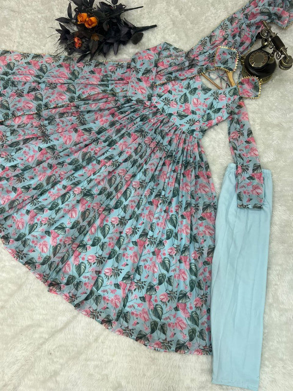 Sky Blue Anarkali Gown in Faux Georgette with Digital Floral Print Clothsvilla