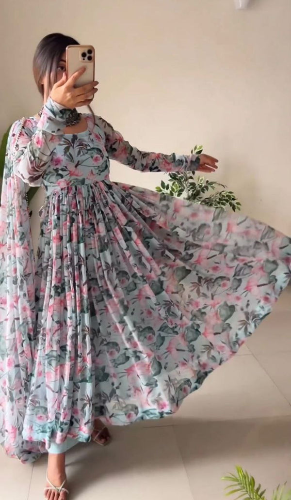 Sky Blue Anarkali Gown in Faux Georgette with Digital Floral Print Clothsvilla