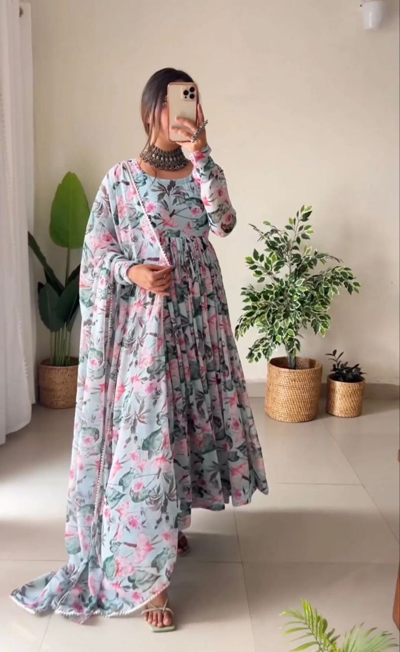 A floral georgette chudi sleeved printed anarkali with V neck and hand  embroidered thread buttons. It… | Indian fashion dresses, Stylish dresses,  Dress indian style