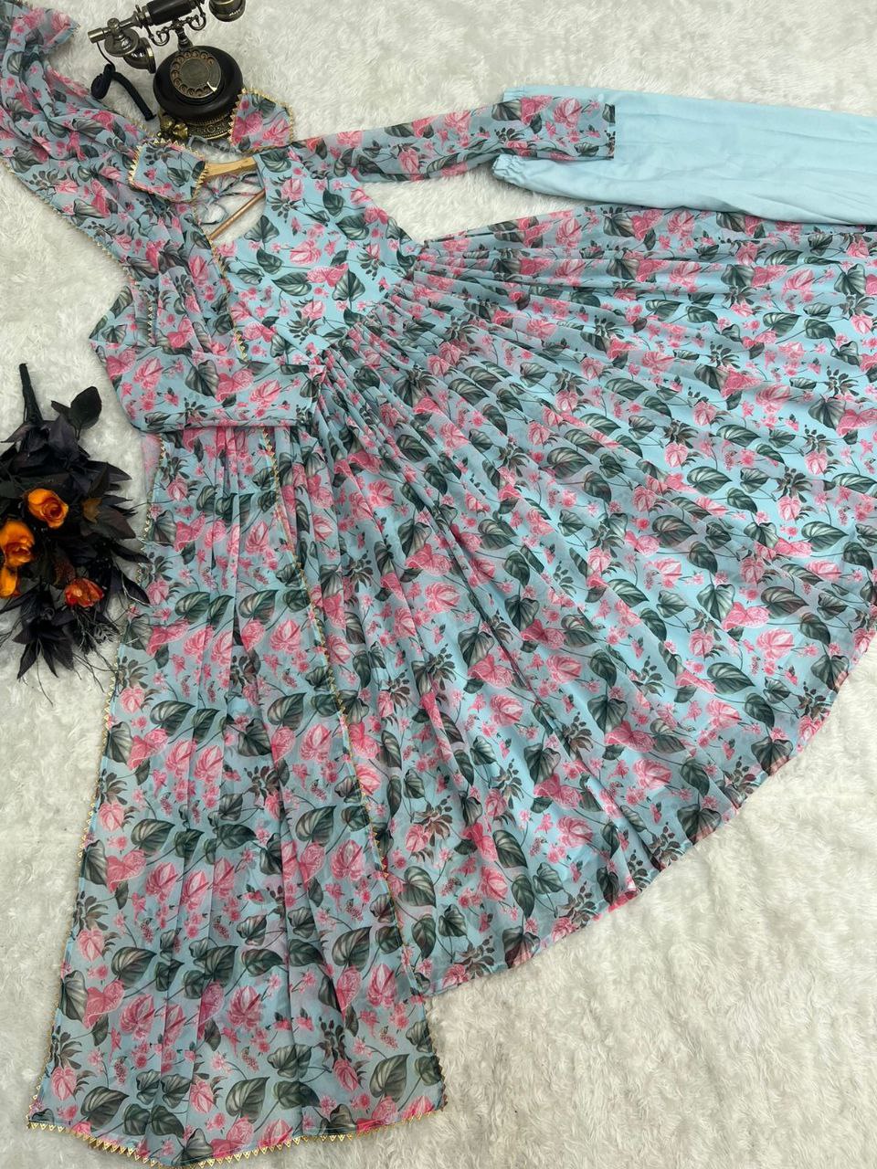 Sky Blue Anarkali Gown in Faux Georgette with Digital Floral Print Clothsvilla