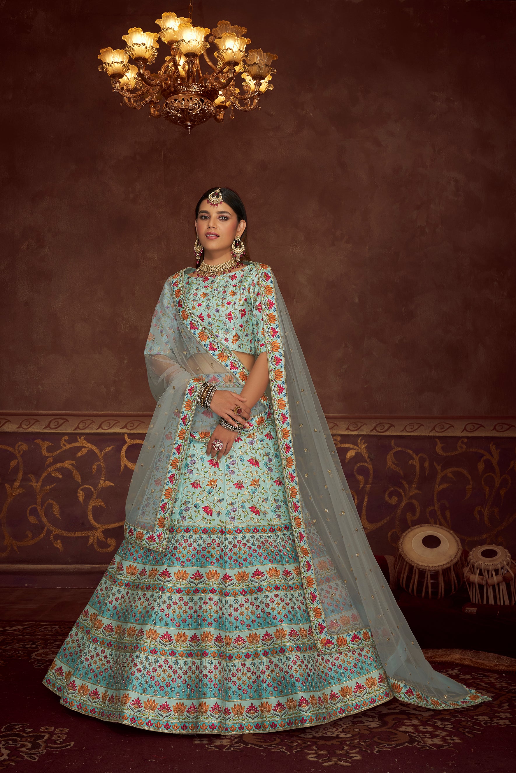Sky Blue And Multicolored Embroidery Work With Print With Diamond Work Art Silk Wedding Lehenga ClothsVilla Main image