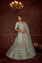 Load image into Gallery viewer, Sky Blue And Multicolored Embroidery Work With Print With Diamond Work Art Silk Wedding Lehenga ClothsVilla