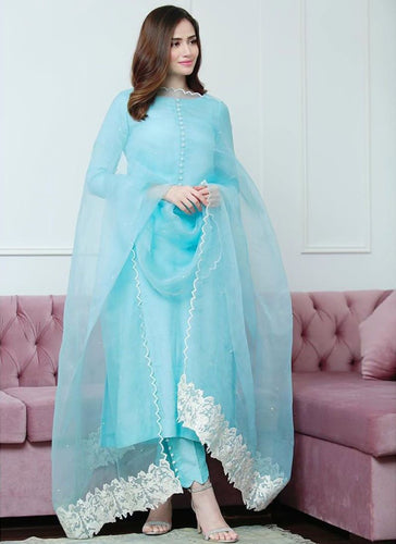 WOMEN'S FLORAL AQUA BLUE COLOUR NEW ARRIVAL ORGANZA SUIT WITH EMBROIDERED  DOUBLE MULTI WORK DRESS MATERIAL