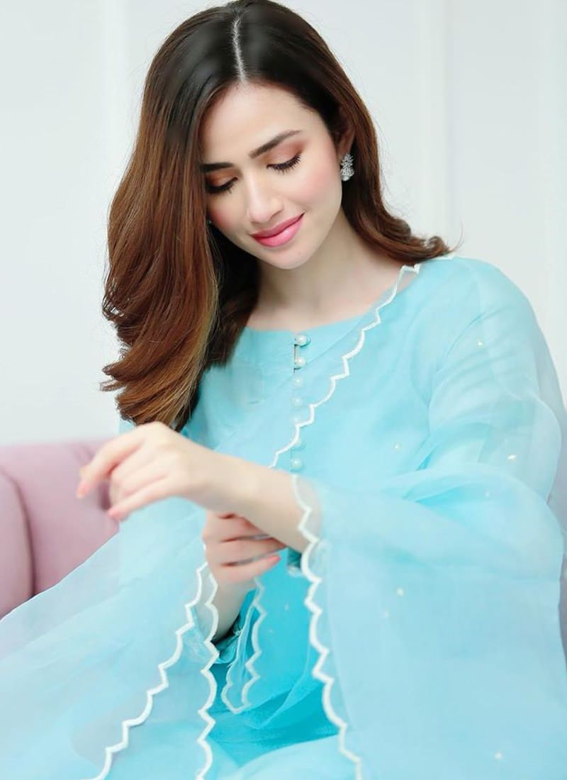 Sky Blue Designer Salwar Kameez in Pakistani Style ClothsVilla