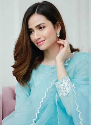 Sky Blue Designer Salwar Kameez in Pakistani Style ClothsVilla