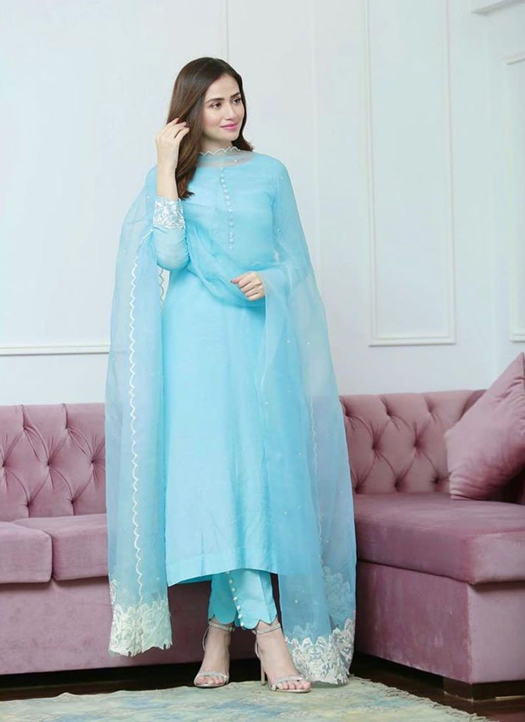 Sky Blue Designer Salwar Kameez in Pakistani Style ClothsVilla