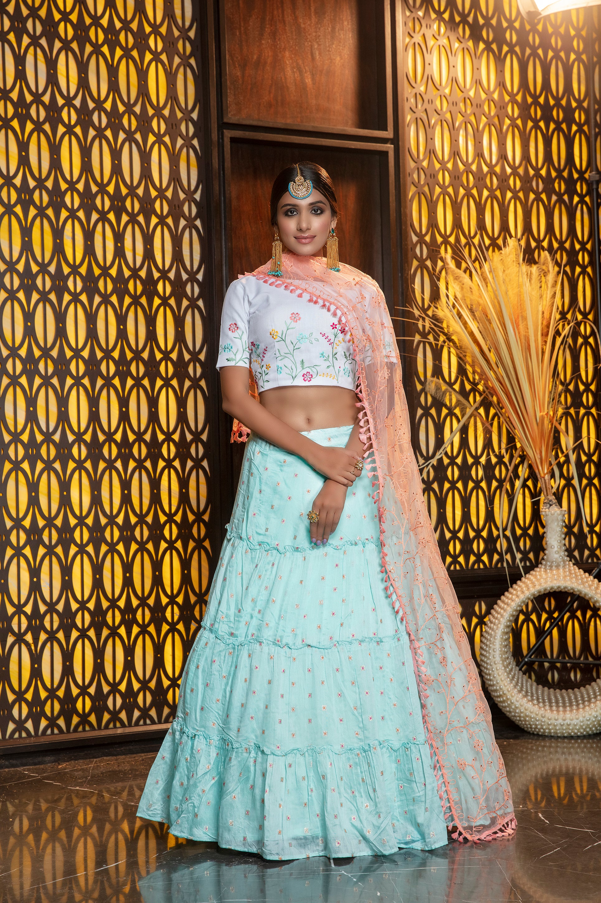 Sky Blue Embroidery Flaired Festival Wear Lehenga With White Choli ClothsVilla Main image