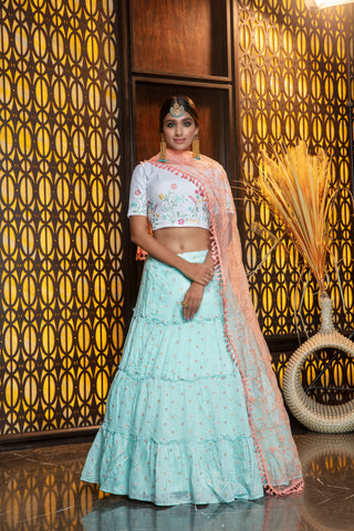 Sky Blue Embroidery Flaired Festival Wear Lehenga With White Choli ClothsVilla