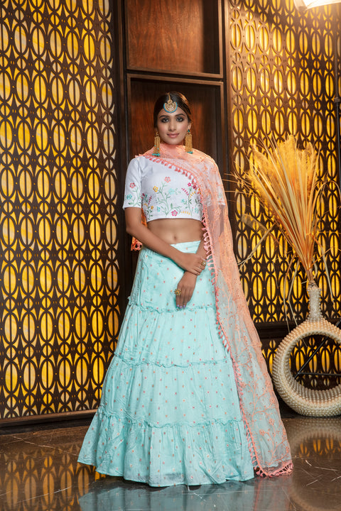 Sky Blue Embroidery Flaired Festival Wear Lehenga With White Choli ClothsVilla Main image
