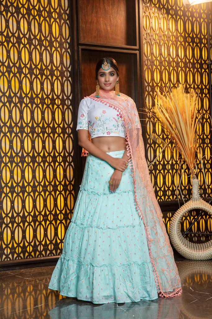 Sky Blue Embroidery Flaired Festival Wear Lehenga With White Choli ClothsVilla