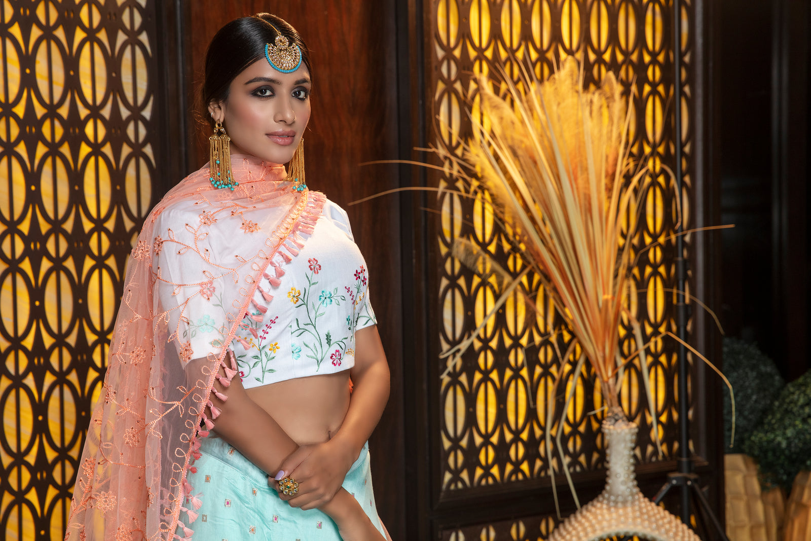 Sky Blue Embroidery Flaired Festival Wear Lehenga With White Choli ClothsVilla