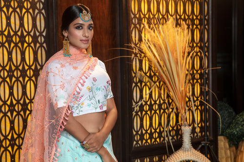 Sky Blue Embroidery Flaired Festival Wear Lehenga With White Choli ClothsVilla