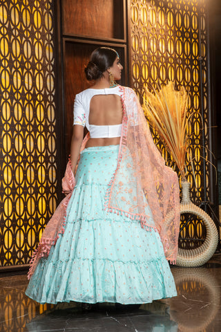 Sky Blue Embroidery Flaired Festival Wear Lehenga With White Choli ClothsVilla