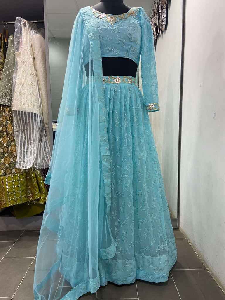 Sky Blue Georgette Heavy Embroidered Wedding Lehenga Choli Clothsvilla