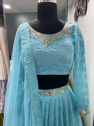 Sky Blue Georgette Heavy Embroidered Wedding Lehenga Choli Clothsvilla