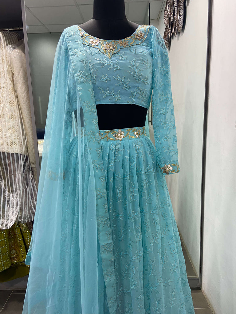 Sky Blue Georgette Heavy Embroidered Wedding Lehenga Choli Clothsvilla