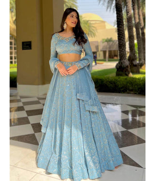 Sky Blue Georgette Heavy Embroidered Wedding Lehenga Choli Clothsvilla