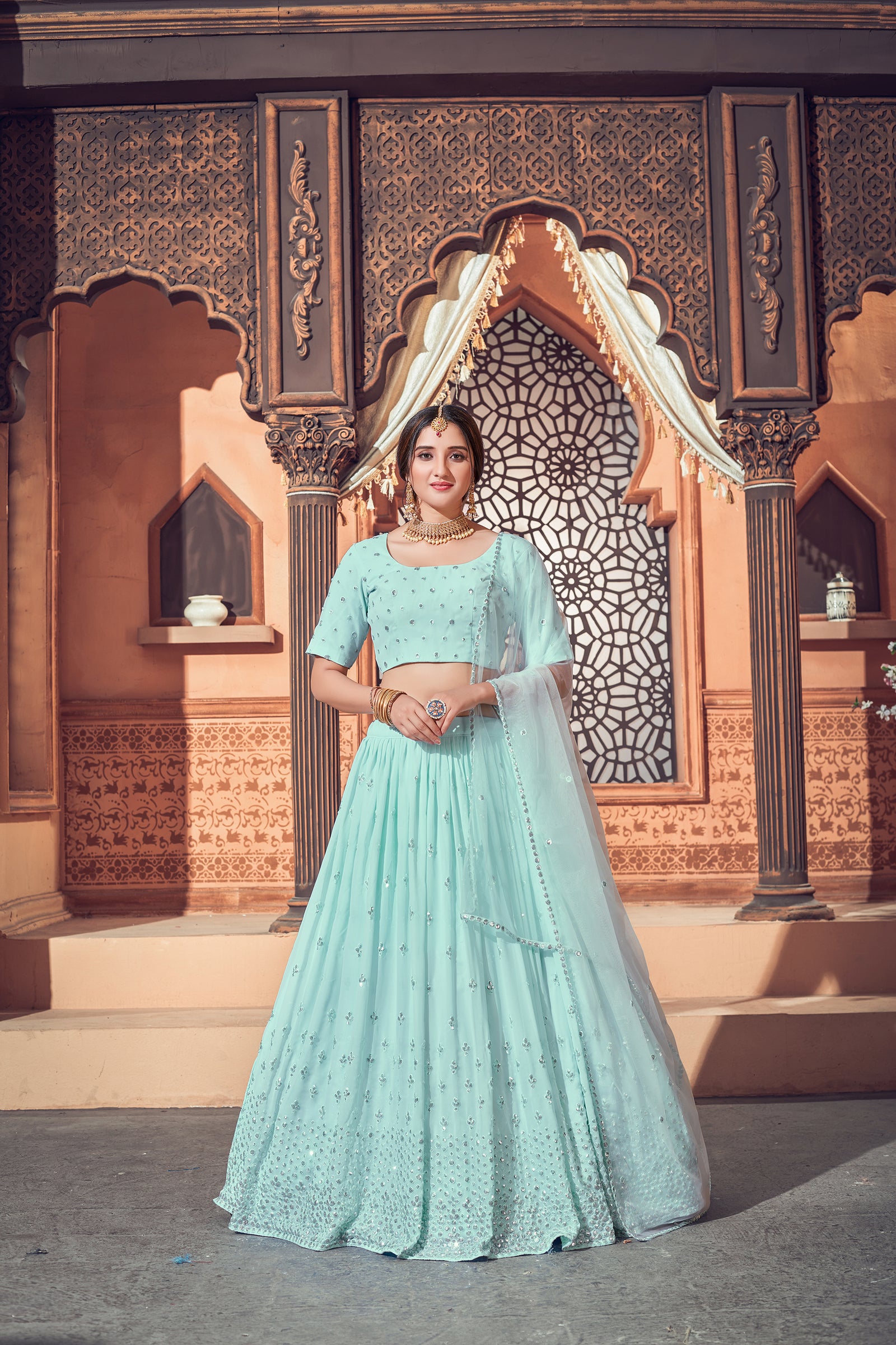 Sky Blue Lehenga With Georgette Fabric And Thread With Sequince Embroidered Work And Heavy Can-Can Lehenga For Wedding And Party Wear ClothsVilla